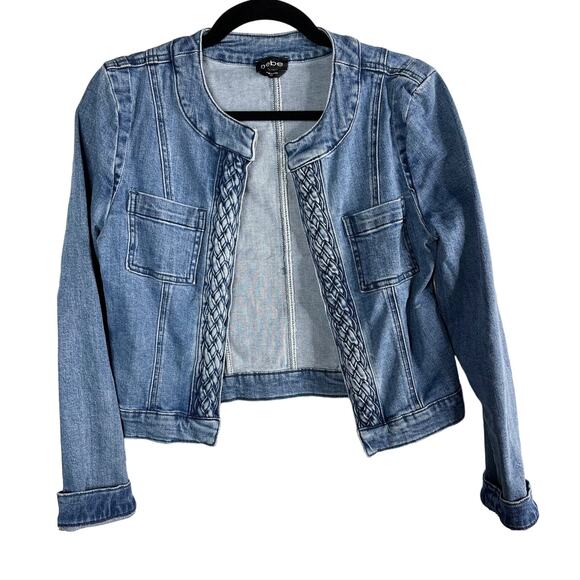 Bebe XSmall XS Blue Braided Trim Denim Jacket Medium Wash Stretch Cotton Fitted - Picture 1 of 12